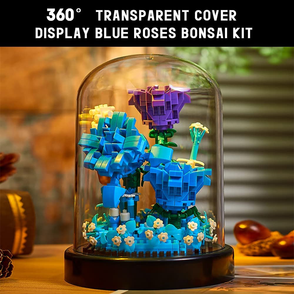 Flower Bouquet Building Kit - 630 PCS Valentines Day Gift Bonsai Tree Sets for Adult Girlfriend Wife (Blue Roses)