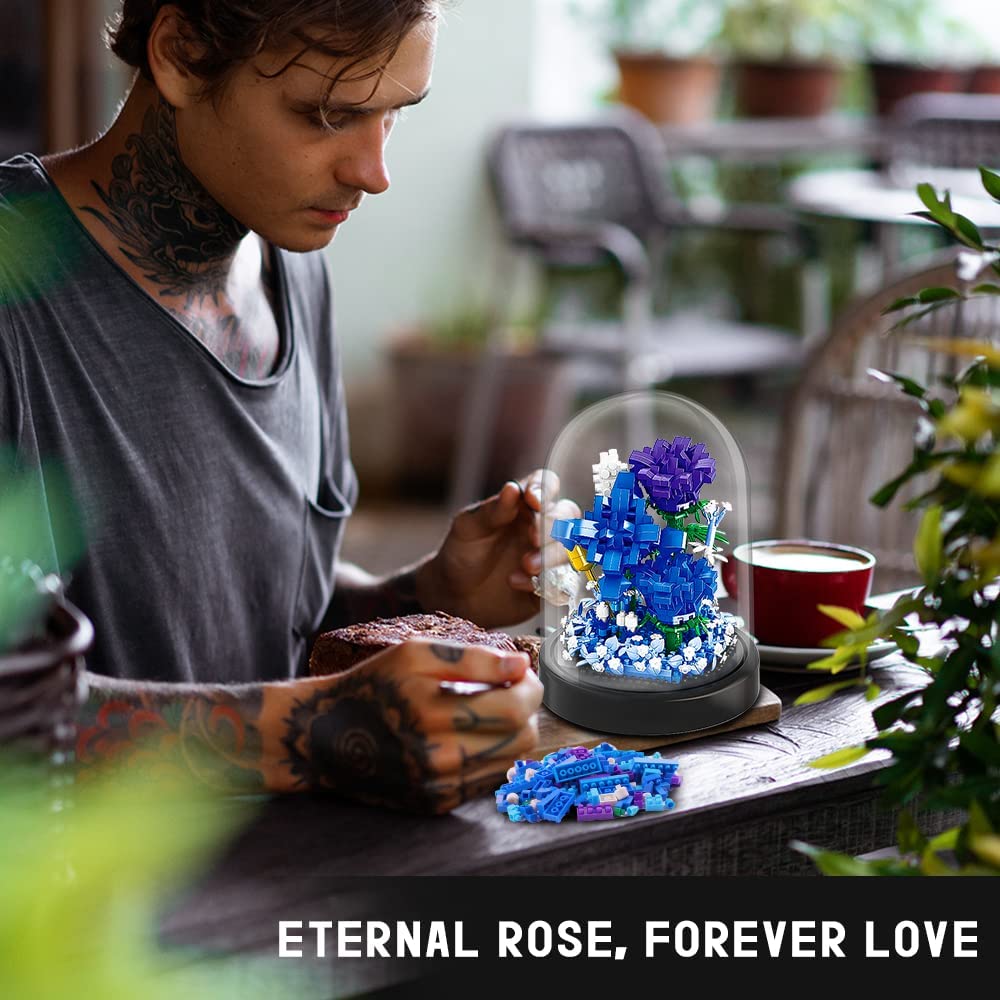 Flower Bouquet Building Kit - 630 PCS Valentines Day Gift Bonsai Tree Sets for Adult Girlfriend Wife (Blue Roses)