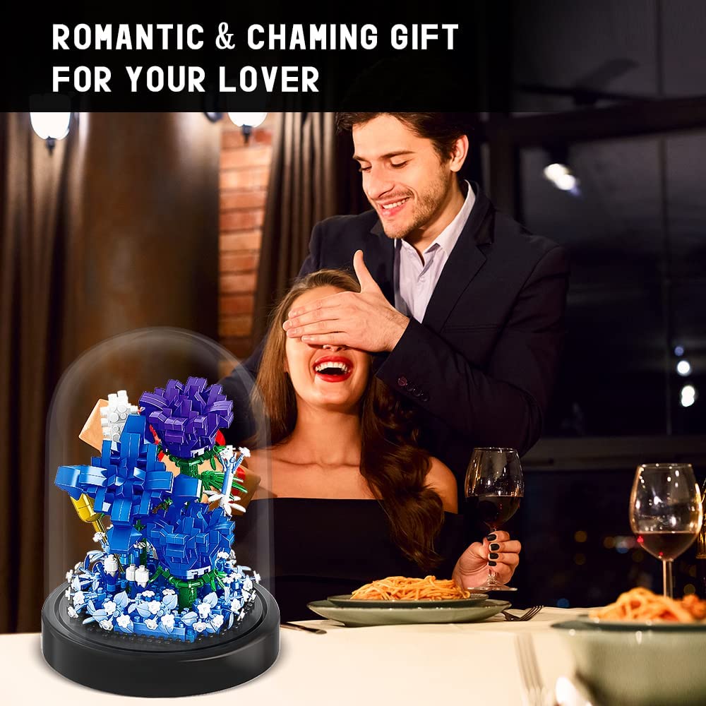 Flower Bouquet Building Kit - 630 PCS Valentines Day Gift Bonsai Tree Sets for Adult Girlfriend Wife (Blue Roses)