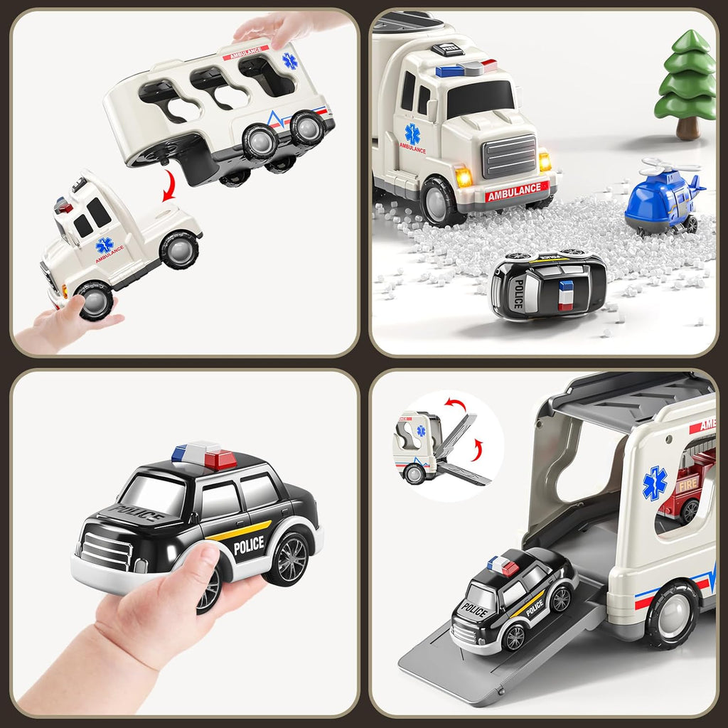 Emergency Rescue Vehicle Toddler Truck Toys 7in1 Friction Power Cars Helicopter Police Car Fire Truck Ambulance Cars Gifts for Kids Age 3+