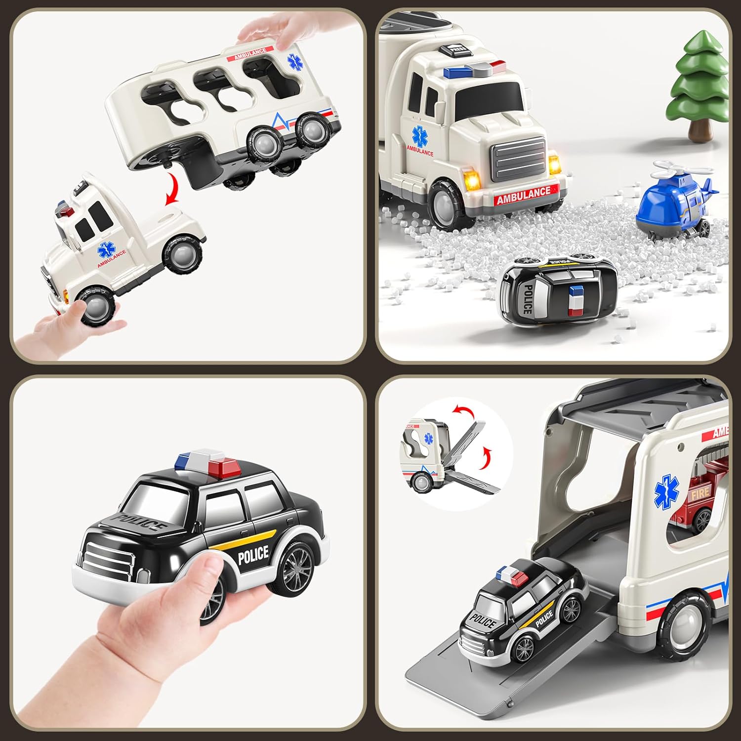 Emergency Rescue Vehicle Toddler Truck Toys 7in1 Friction Power Cars Helicopter Police Car Fire Truck Ambulance Cars Gifts for Kids Age 3+