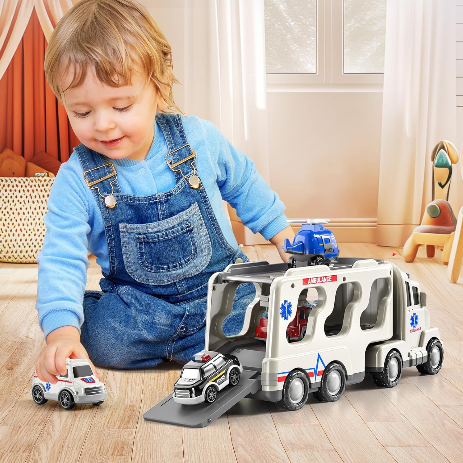 Emergency Rescue Vehicle Toddler Truck Toys 7in1 Friction Power Cars Helicopter Police Car Fire Truck Ambulance Cars Gifts for Kids Age 3+