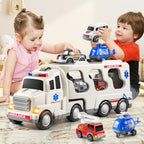 Emergency Rescue Vehicle Toddler Truck Toys 7in1 Friction Power Cars Helicopter Police Car Fire Truck Ambulance Cars Gifts for Kids Age 3+