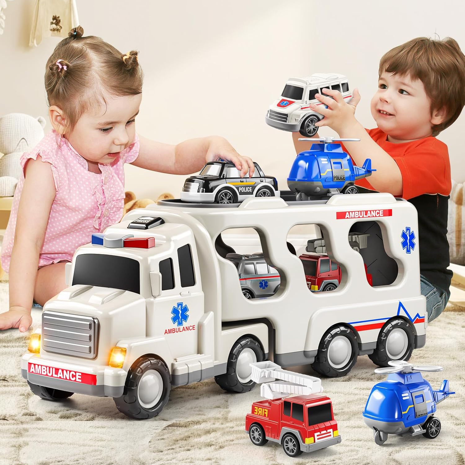 Emergency Rescue Vehicle Toddler Truck Toys 7in1 Friction Power Cars Helicopter Police Car Fire Truck Ambulance Cars Gifts for Kids Age 3+