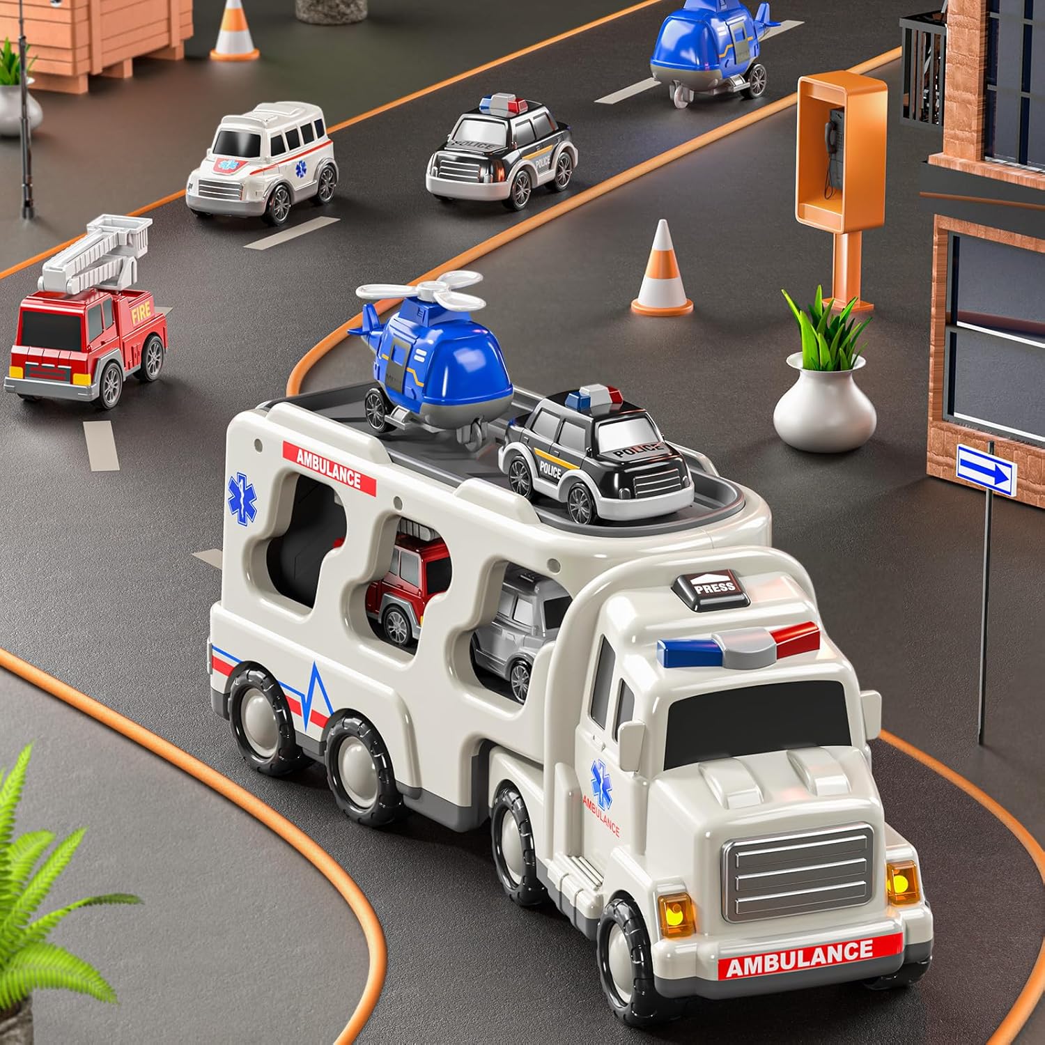 Emergency Rescue Vehicle Toddler Truck Toys 7in1 Friction Power Cars Helicopter Police Car Fire Truck Ambulance Cars Gifts for Kids Age 3+