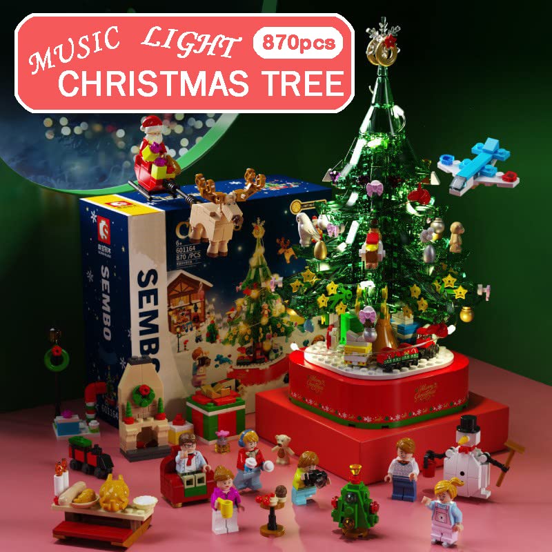 Christmas Tree Building Blocks Kits Party Set with Music Box Led Light Kit DIY Birthday Gift for Kids Boys Girls（870 Pieces）