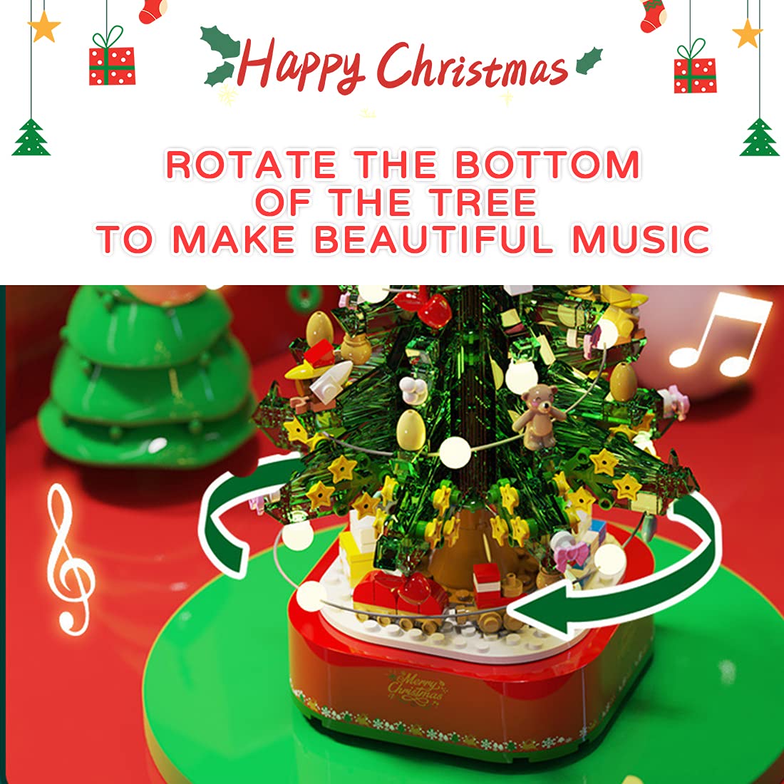 Christmas Tree Building Blocks Kits Party Set with Music Box Led Light Kit DIY Birthday Gift for Kids Boys Girls（870 Pieces）