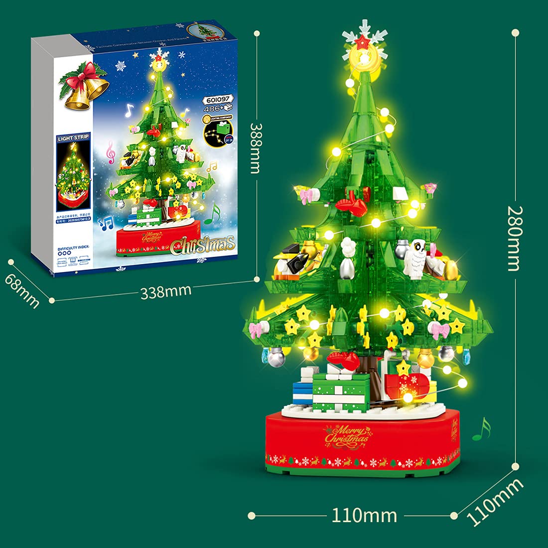 Christmas Tree Building Blocks Kits Party Set with Music Box Led Light Kit DIY Birthday Gift for Kids Boys Girls（870 Pieces）