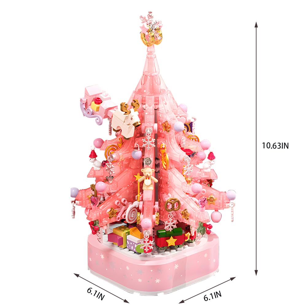 Pink Crystal Christmas Tree Building Block Set Music Box with LED Light Rotating Xmas Bricks Toy for Girls Ages 6+ Musical Blocks Toy