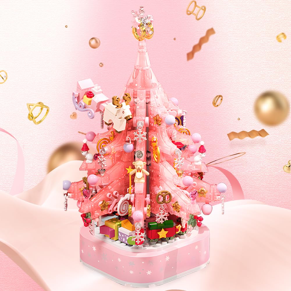 Pink Crystal Christmas Tree Building Block Set Music Box with LED Light Rotating Xmas Bricks Toy for Girls Ages 6+ Musical Blocks Toy