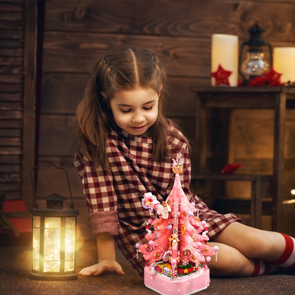 Pink Crystal Christmas Tree Building Block Set Music Box with LED Light Rotating Xmas Bricks Toy for Girls Ages 6+ Musical Blocks Toy