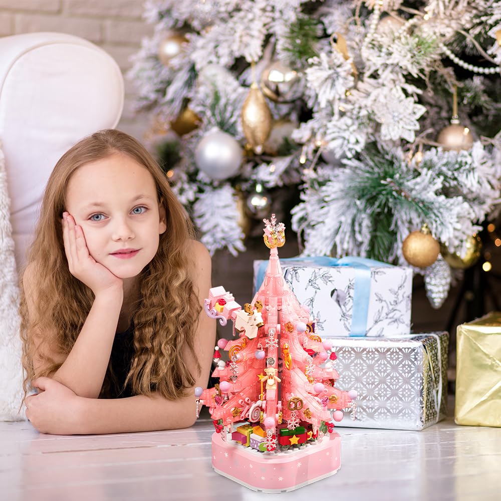 Pink Crystal Christmas Tree Building Block Set Music Box with LED Light Rotating Xmas Bricks Toy for Girls Ages 6+ Musical Blocks Toy