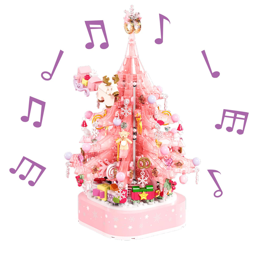 Pink Crystal Christmas Tree Building Block Set Music Box with LED Light Rotating Xmas Bricks Toy for Girls Ages 6+ Musical Blocks Toy