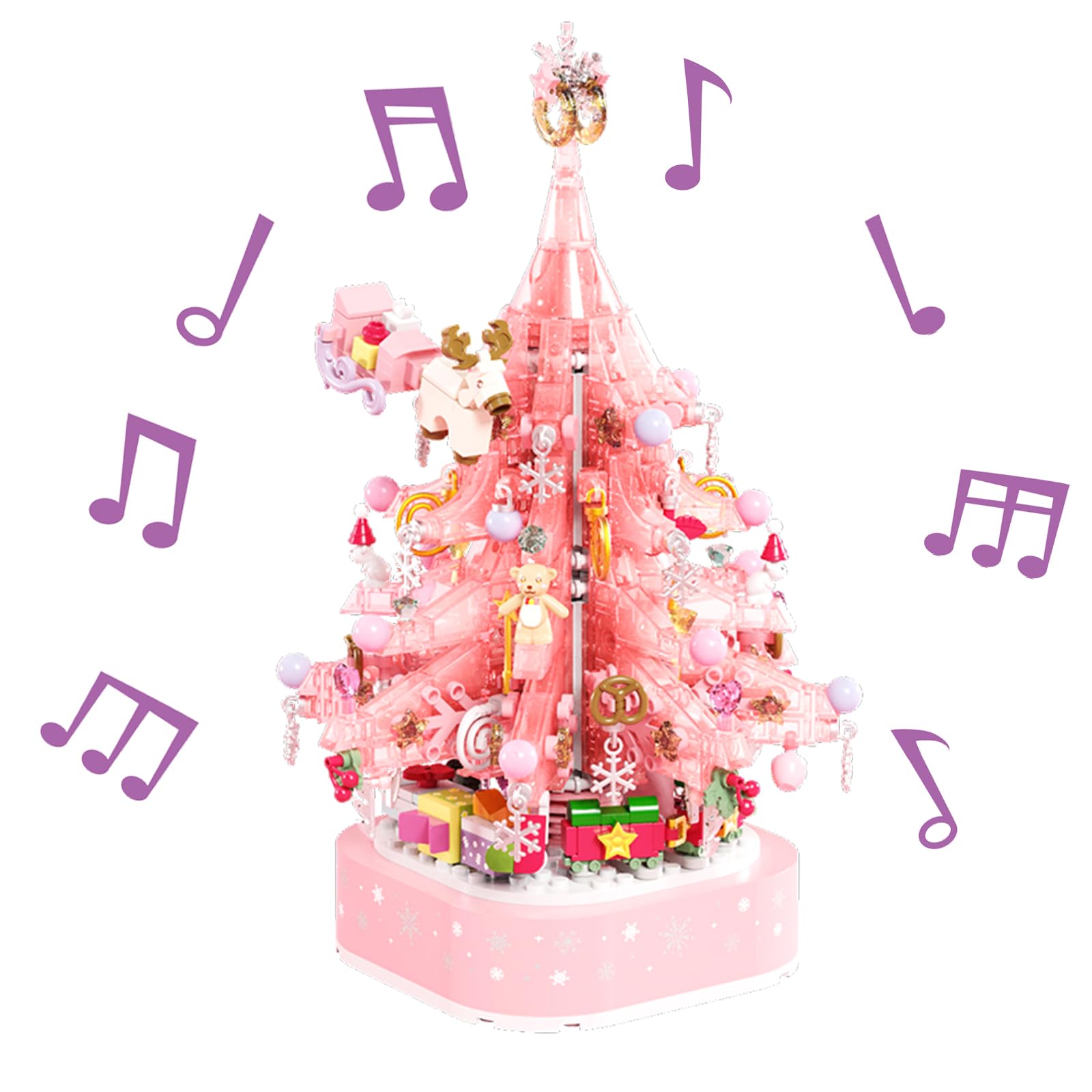 Pink Crystal Christmas Tree Building Block Set Music Box with LED Light Rotating Xmas Bricks Toy for Girls Ages 6+ Musical Blocks Toy