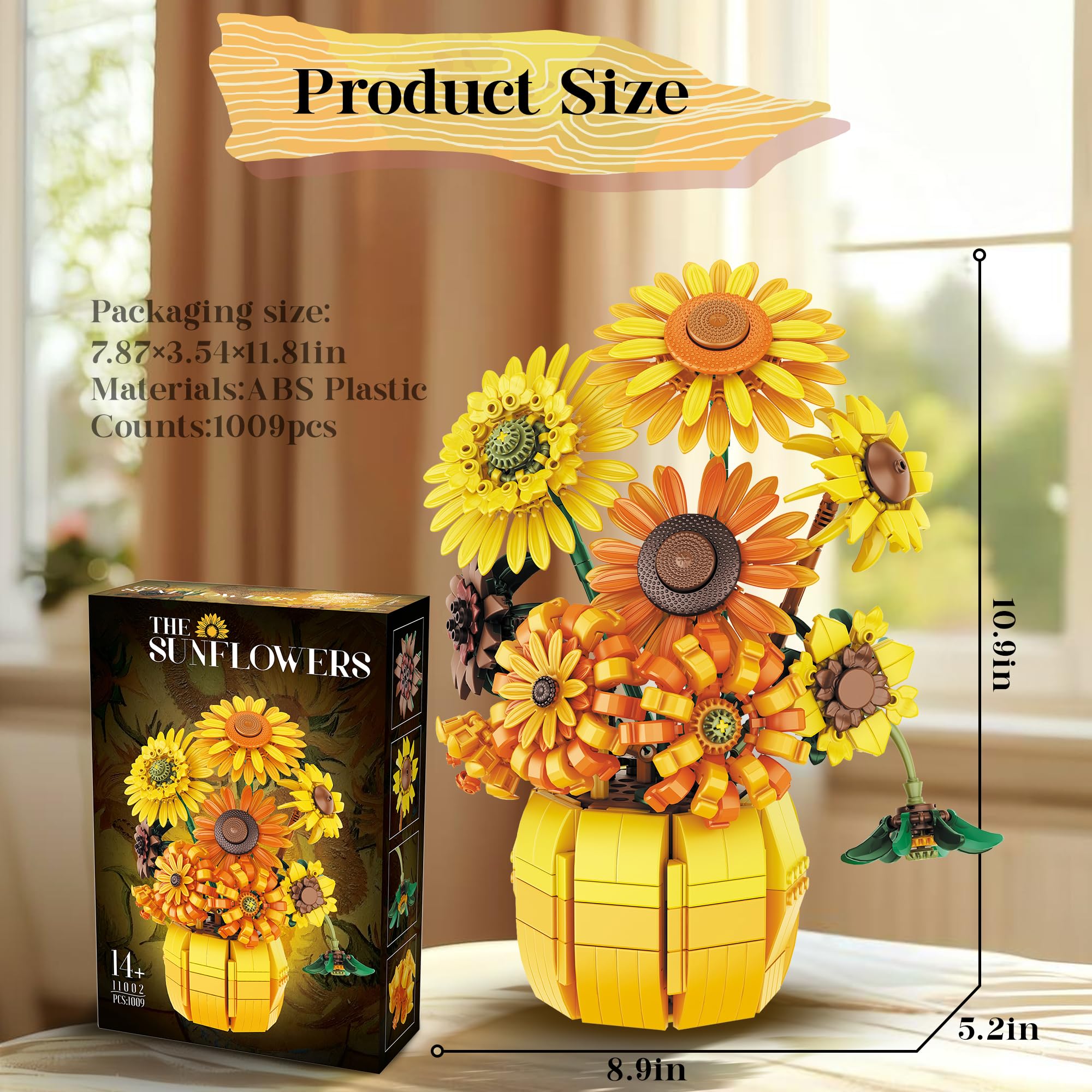 Sunflower Building Set Flowers with Vase Van Gogh Botanical Collection 1009pcs Compatible with Lego Ideal for Home and Office Decor Art Lover's  Gift