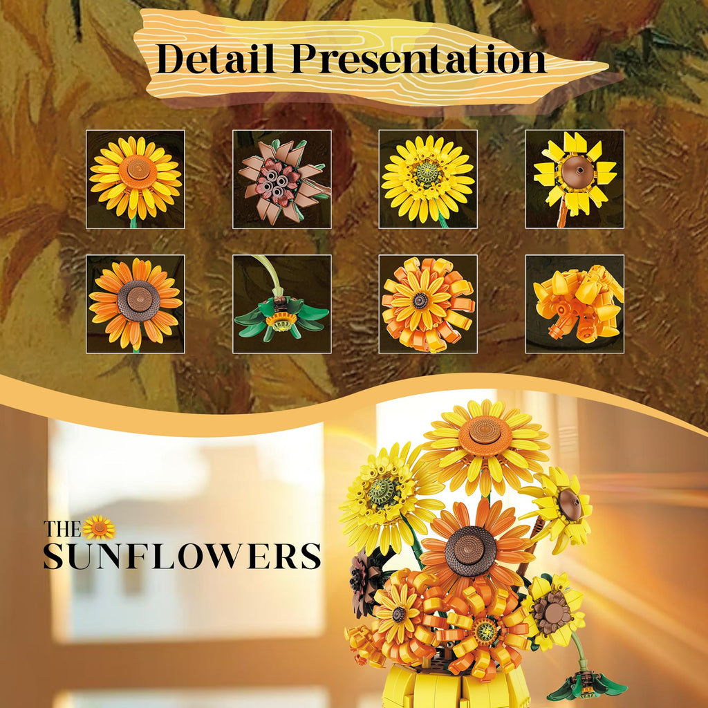 Sunflower Building Set Flowers with Vase Van Gogh Botanical Collection 1009pcs Compatible with Lego Ideal for Home and Office Decor Art Lover's  Gift