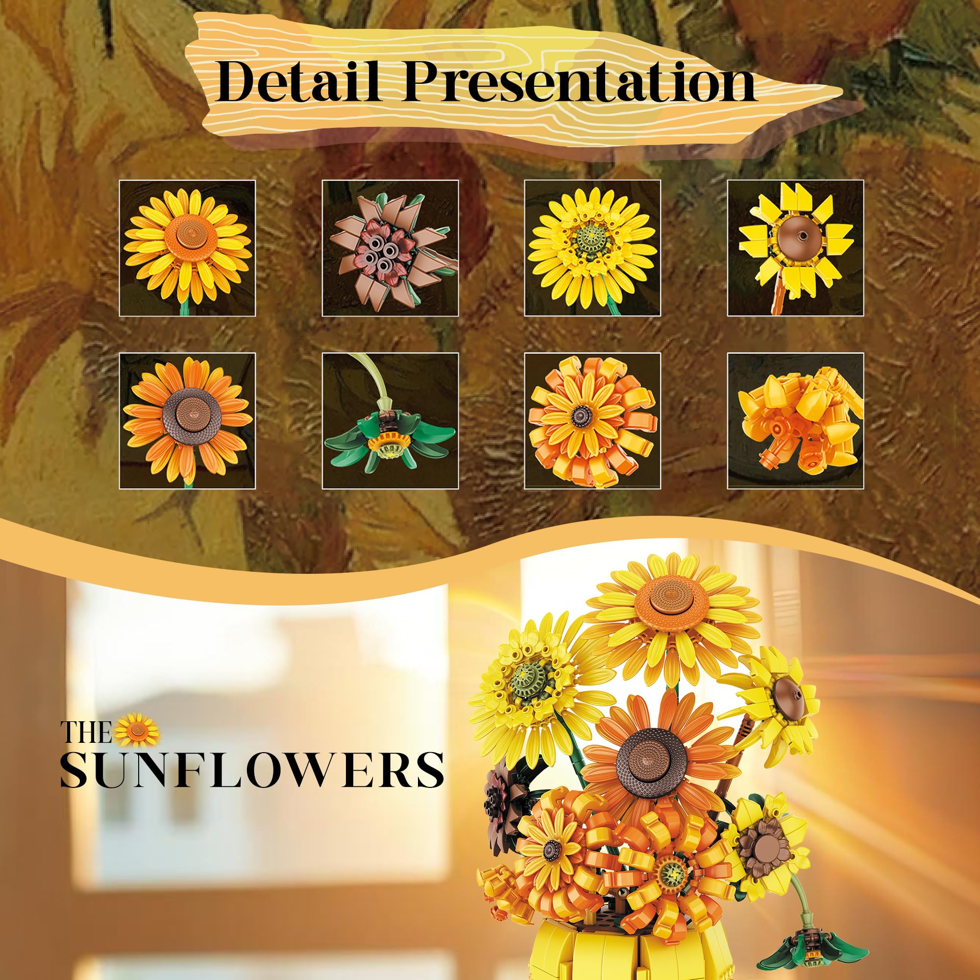 Sunflower Building Set Flowers with Vase Van Gogh Botanical Collection 1009pcs Compatible with Lego Ideal for Home and Office Decor Art Lover's  Gift