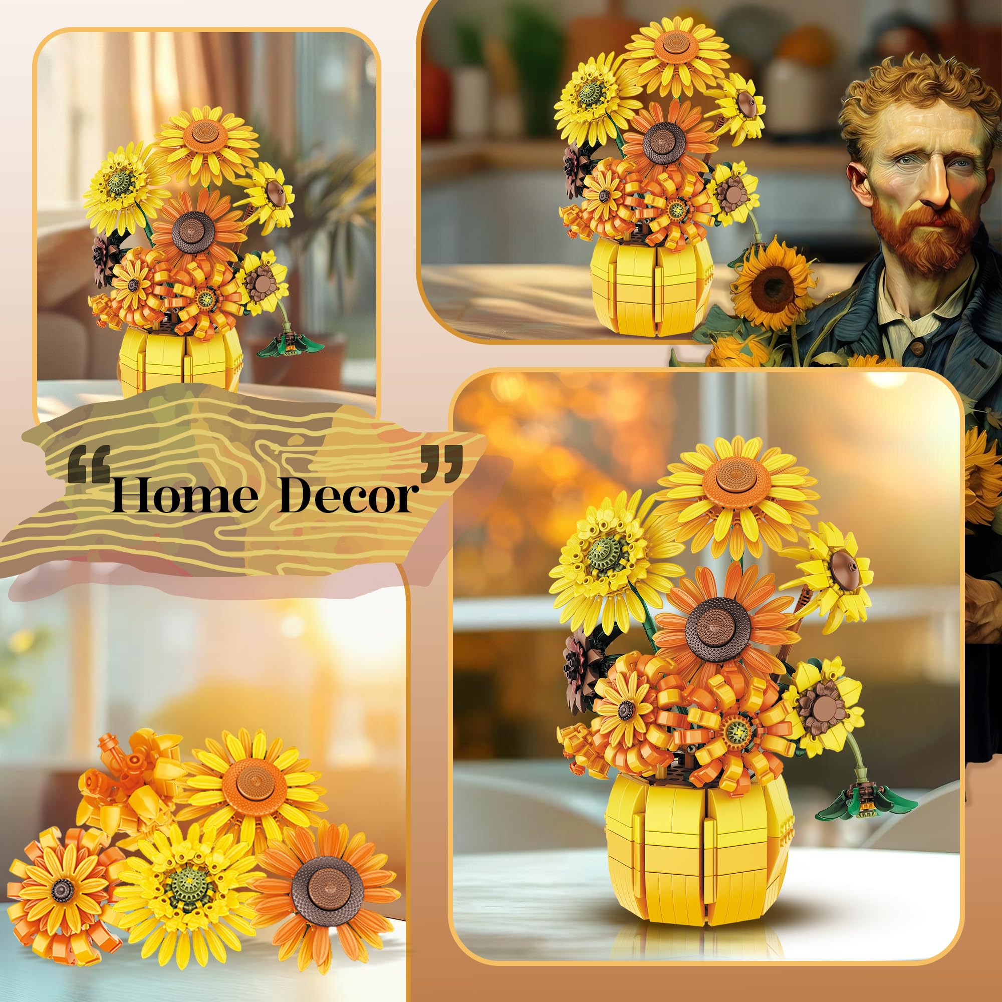 Sunflower Building Set Flowers with Vase Van Gogh Botanical Collection 1009pcs Compatible with Lego Ideal for Home and Office Decor Art Lover's  Gift