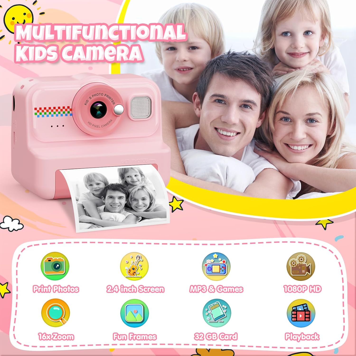 Kids Instant Print Camera, 1080P HD Kids Camera Instant Print with 3 Rolls Print Paper and 32GB Card for Boys and Girls Age 3 to 14, Pink