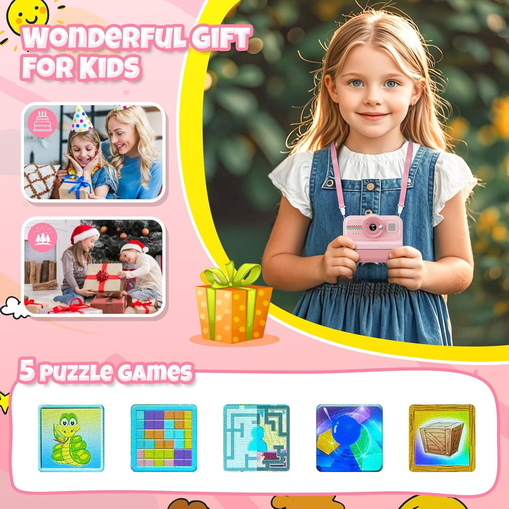 Kids Instant Print Camera, 1080P HD Kids Camera Instant Print with 3 Rolls Print Paper and 32GB Card for Boys and Girls Age 3 to 14, Pink