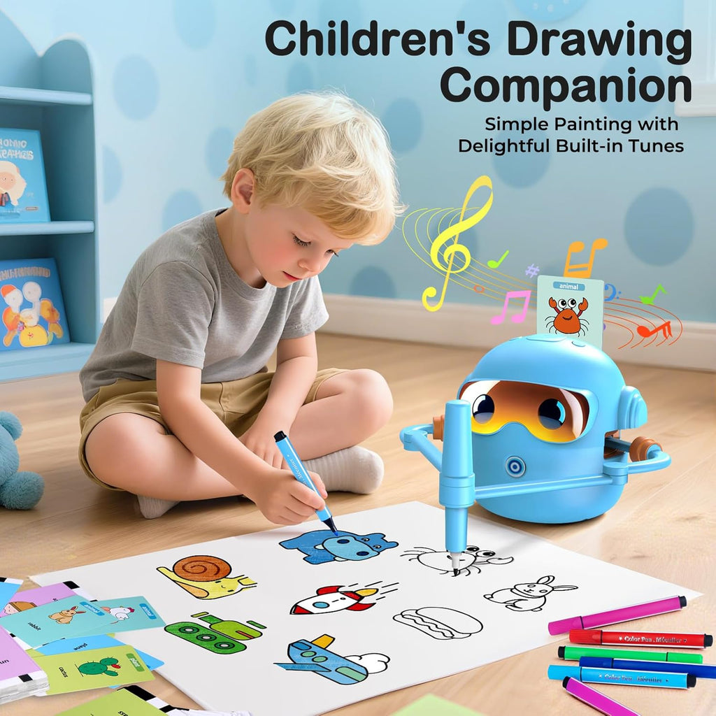 Drawing Robot for Boys Girls Montessori Painting Toys for 3 4 5 6 7 8 Year Old, Voice Interactive Educational Drawing Machine with 100 Cards, Blue