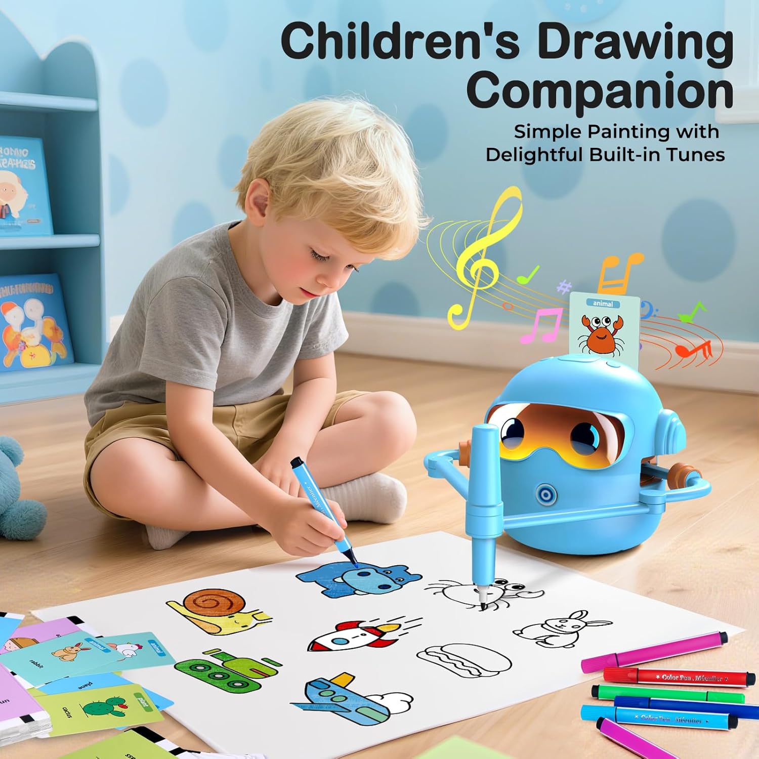 Drawing Robot for Boys Girls Montessori Painting Toys for 3 4 5 6 7 8 Year Old, Voice Interactive Educational Drawing Machine with 100 Cards, Blue