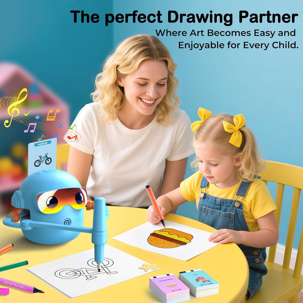 Drawing Robot for Boys Girls Montessori Painting Toys for 3 4 5 6 7 8 Year Old, Voice Interactive Educational Drawing Machine with 100 Cards, Blue