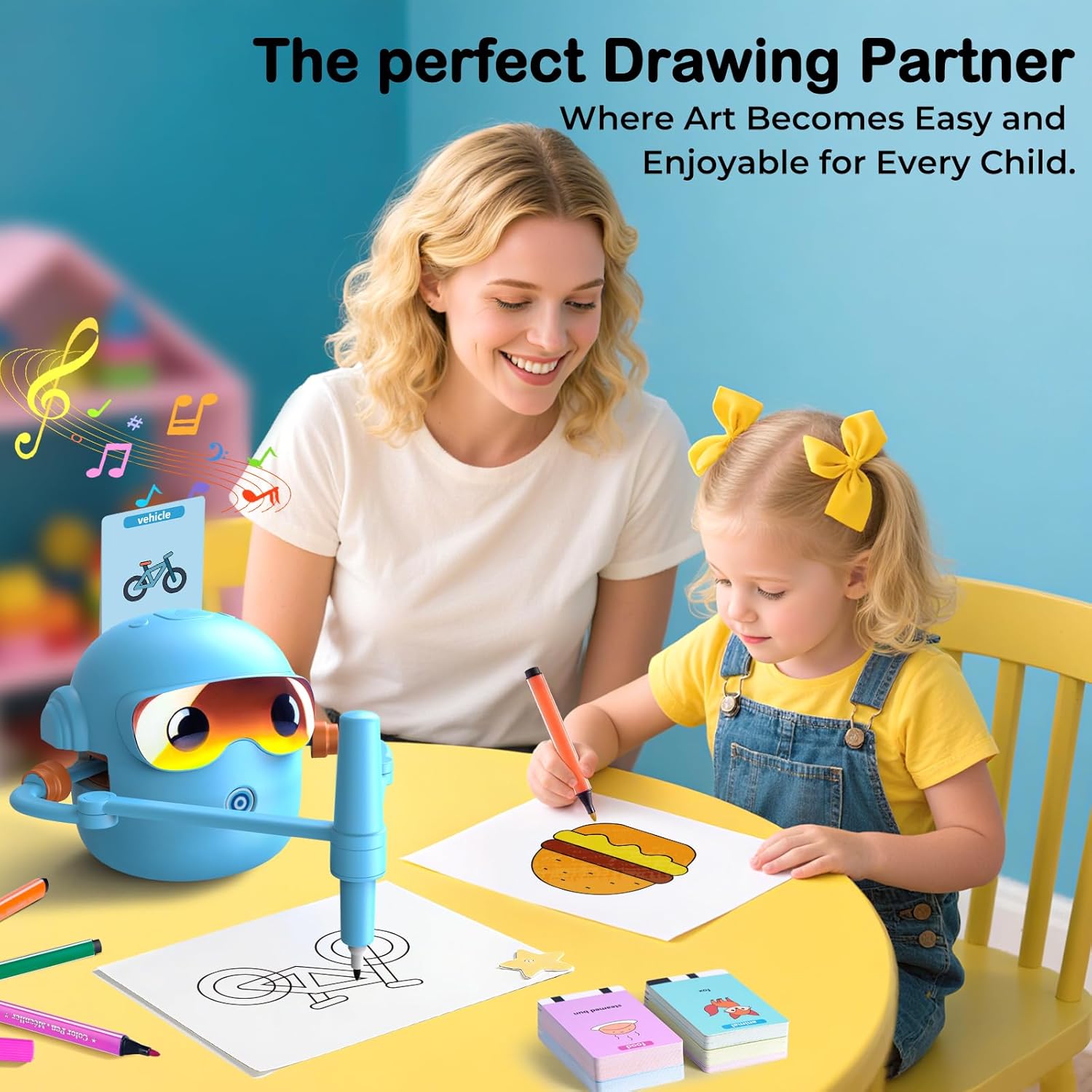 Drawing Robot for Boys Girls Montessori Painting Toys for 3 4 5 6 7 8 Year Old, Voice Interactive Educational Drawing Machine with 100 Cards, Blue