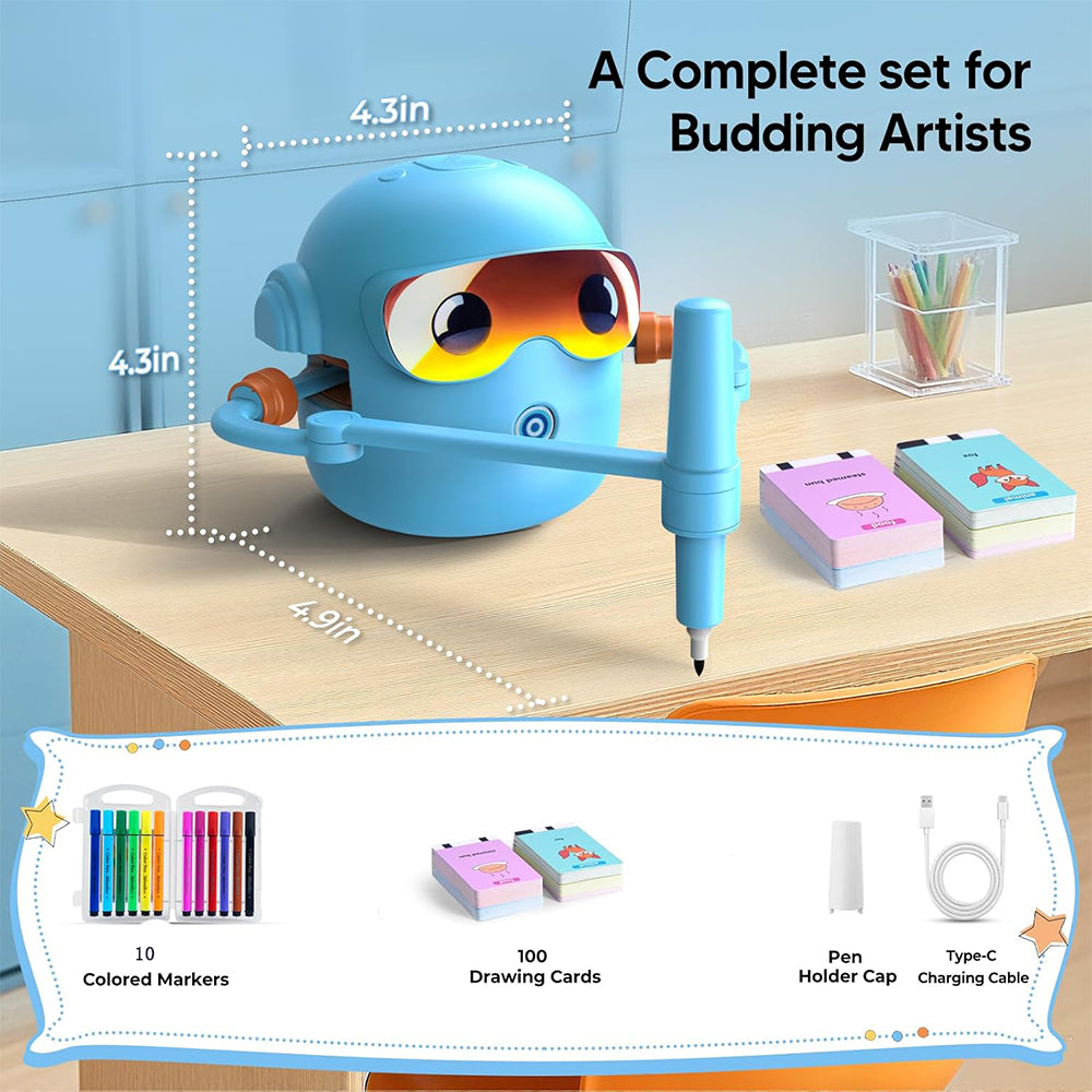 Drawing Robot for Boys Girls Montessori Painting Toys for 3 4 5 6 7 8 Year Old, Voice Interactive Educational Drawing Machine with 100 Cards, Blue