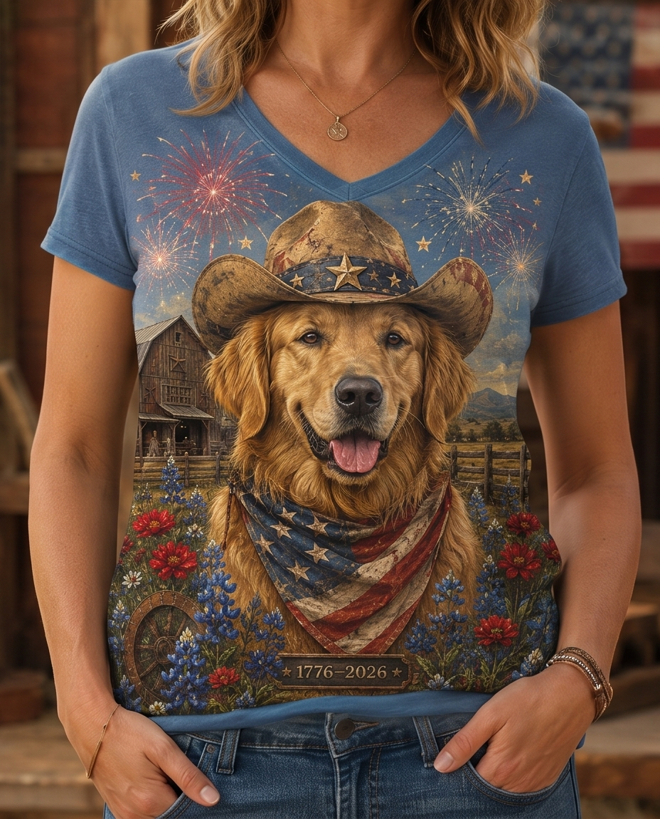 Vintage 1776 Patriotic Golden Retriever Cowboy Fireworks V-Neck Tee