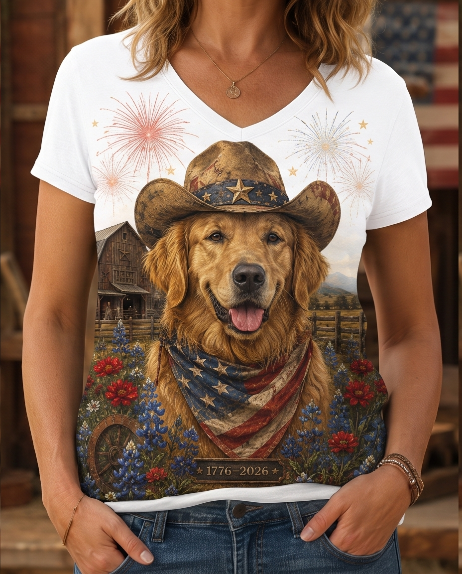Vintage 1776 Patriotic Golden Retriever Cowboy Fireworks V-Neck Tee
