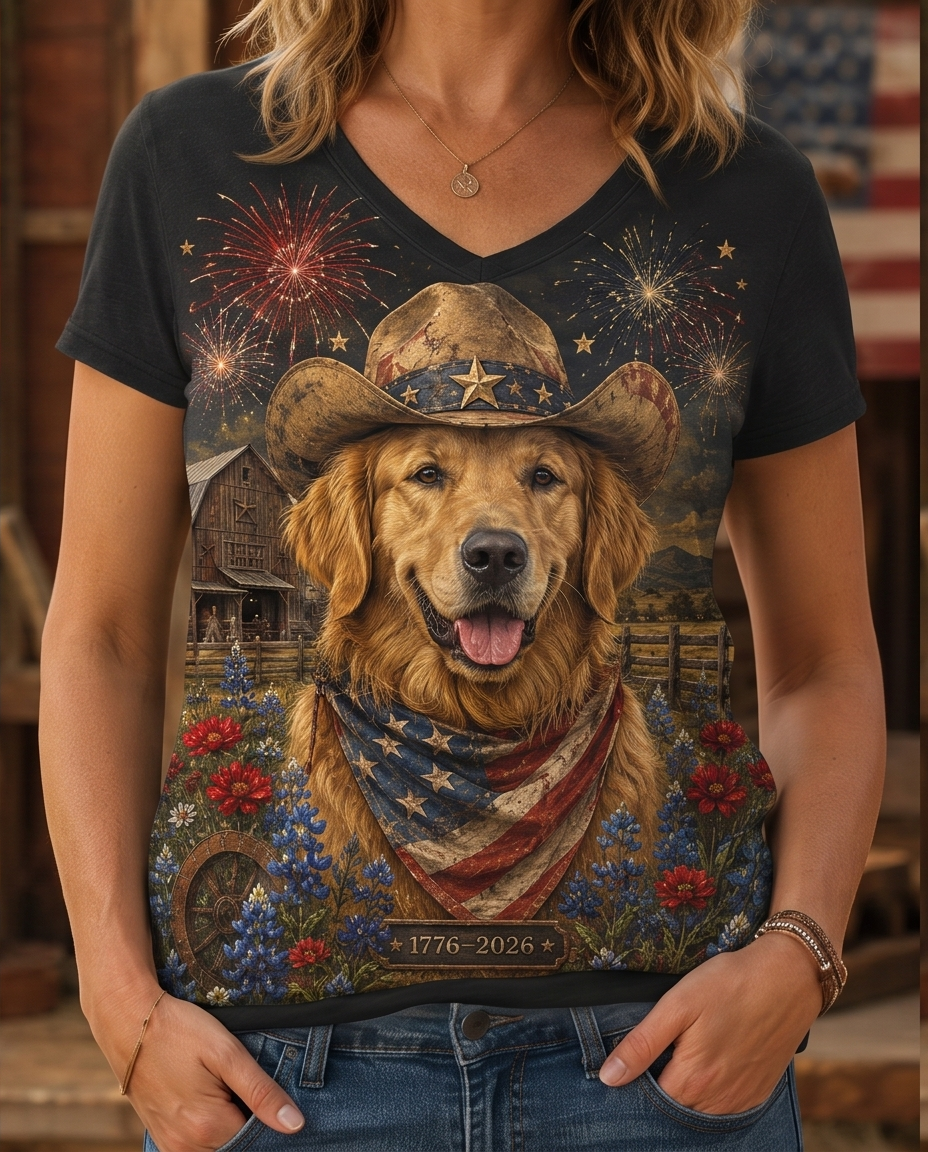 Vintage 1776 Patriotic Golden Retriever Cowboy Fireworks V-Neck Tee