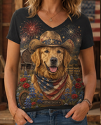 Vintage 1776 Patriotic Golden Retriever Cowboy Fireworks V-Neck Tee