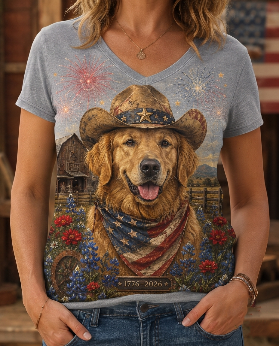 Vintage 1776 Patriotic Golden Retriever Cowboy Fireworks V-Neck Tee