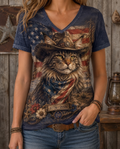 Patriotic Maine Coon Cat Cowboy American Flag Women's V-Neck Graphic Tee