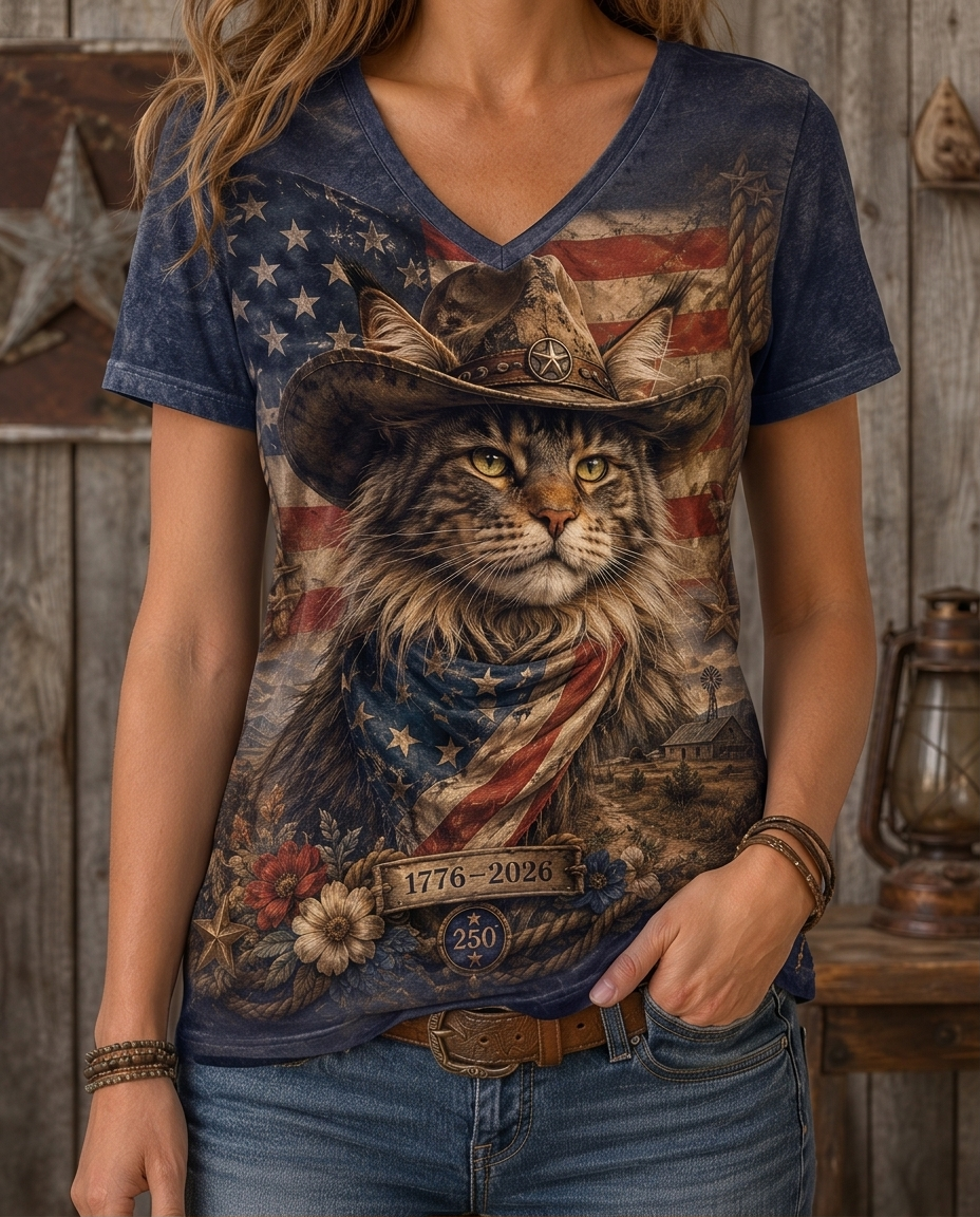 Patriotic Maine Coon Cat Cowboy American Flag Women's V-Neck Graphic Tee