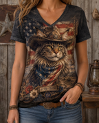Patriotic Maine Coon Cat Cowboy American Flag Women's V-Neck Graphic Tee
