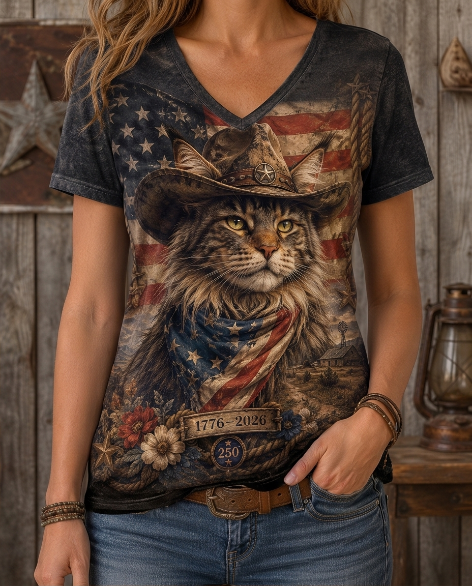 Patriotic Maine Coon Cat Cowboy American Flag Women's V-Neck Graphic Tee