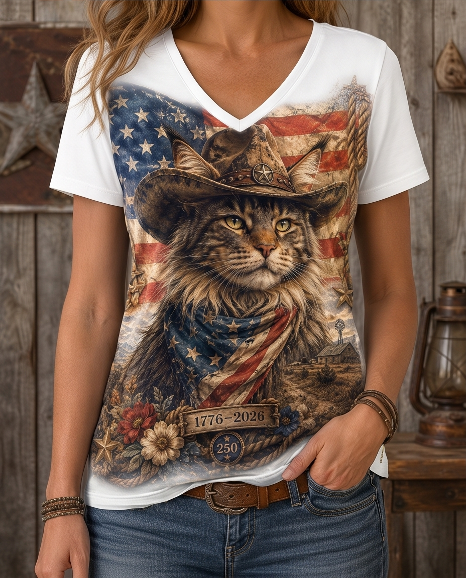Patriotic Maine Coon Cat Cowboy American Flag Women's V-Neck Graphic Tee