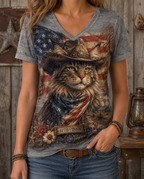 Patriotic Maine Coon Cat Cowboy American Flag Women's V-Neck Graphic Tee