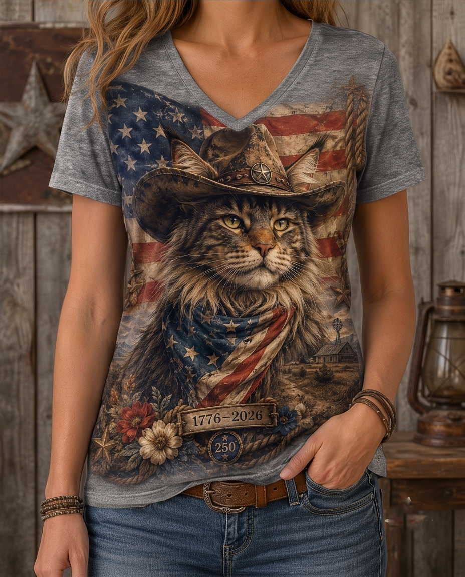 Patriotic Maine Coon Cat Cowboy American Flag Women's V-Neck Graphic Tee