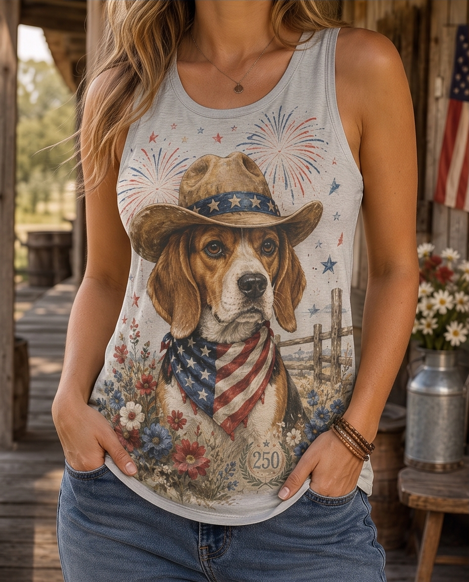 4th of July Fireworks Beagle Cowboy Patriotic Women's Graphic Tank Top
