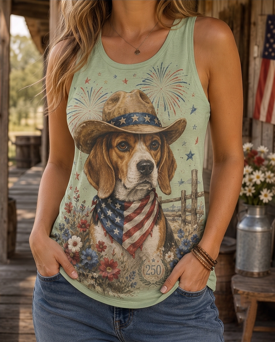 4th of July Fireworks Beagle Cowboy Patriotic Women's Graphic Tank Top