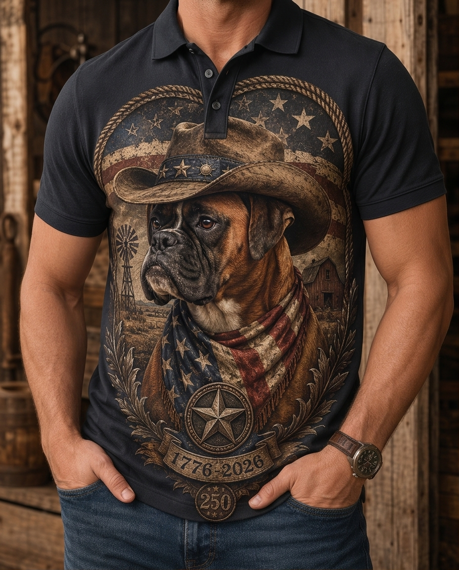 Men's Patriotic Boxer Dog Cowboy Star Badge Western Graphic Polo Shirt