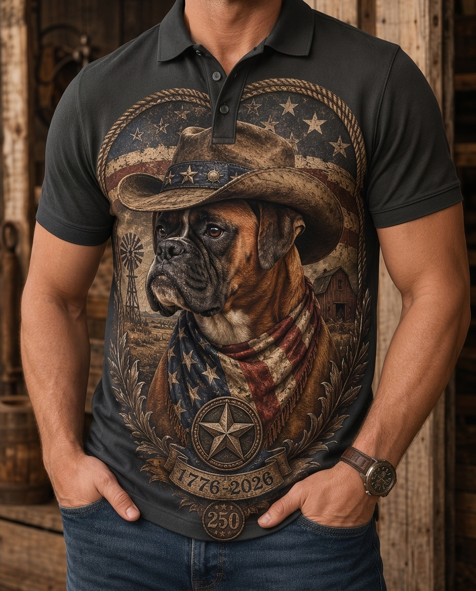 Men's Patriotic Boxer Dog Cowboy Star Badge Western Graphic Polo Shirt