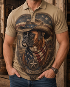 Men's Patriotic Boxer Dog Cowboy Star Badge Western Graphic Polo Shirt