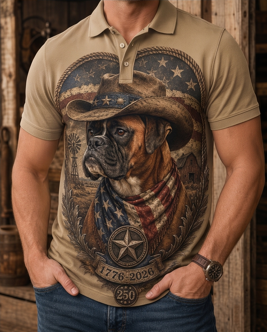 Men's Patriotic Boxer Dog Cowboy Star Badge Western Graphic Polo Shirt