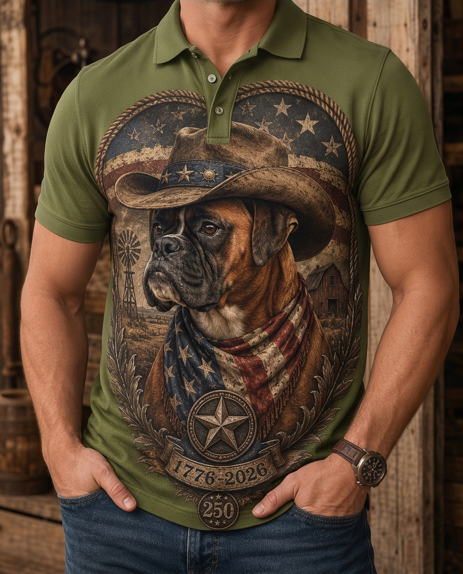 Men's Patriotic Boxer Dog Cowboy Star Badge Western Graphic Polo Shirt