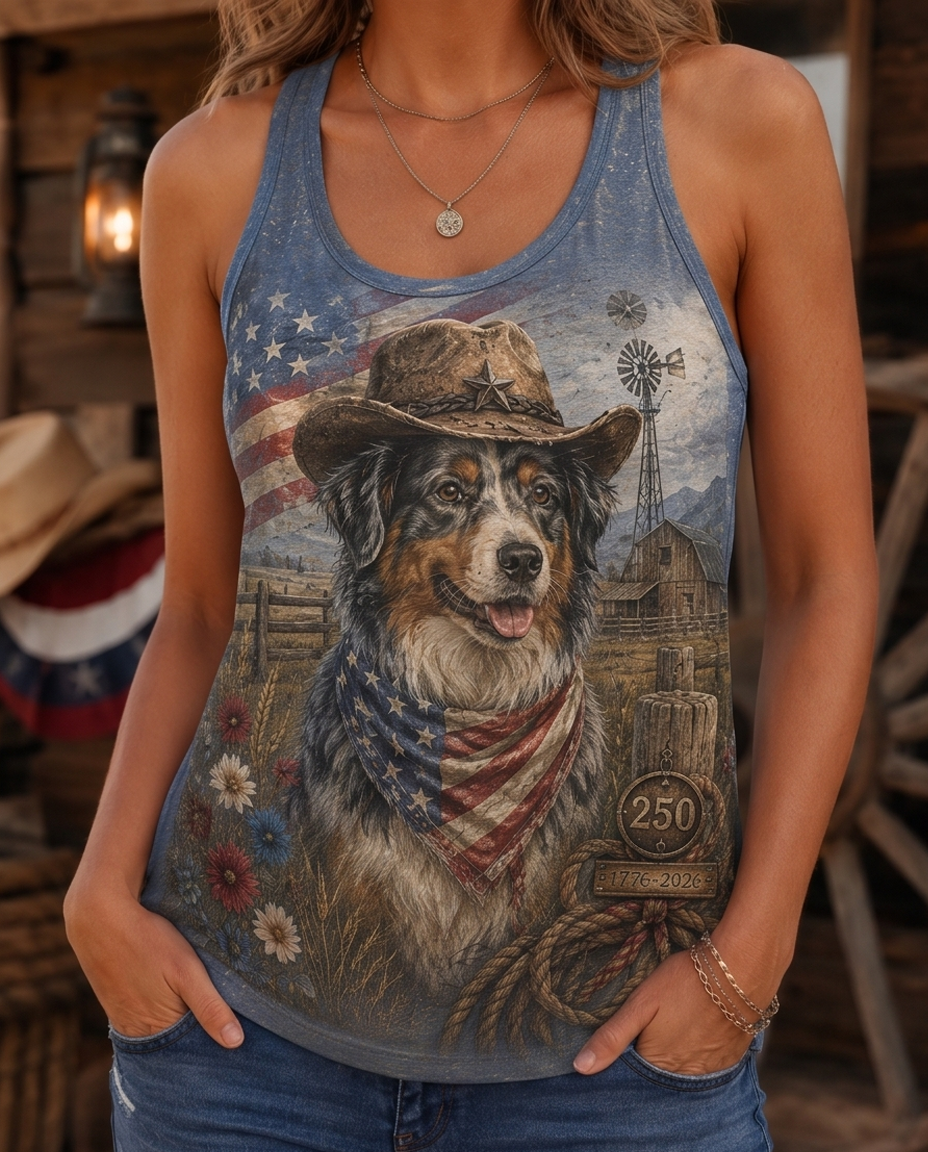 Western Farmhouse Australian Shepherd Cowboy Patriotic Women's Tank Top