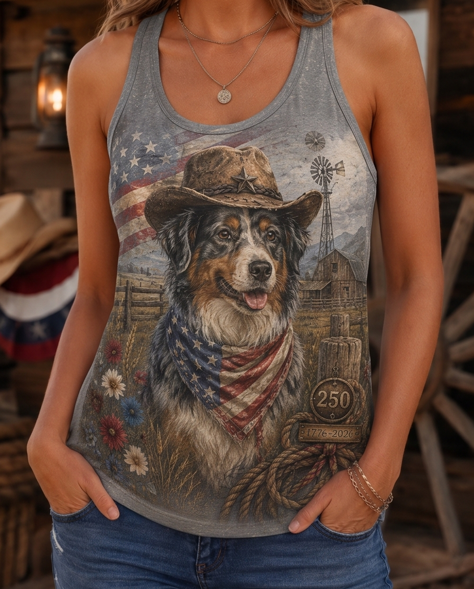 Western Farmhouse Australian Shepherd Cowboy Patriotic Women's Tank Top